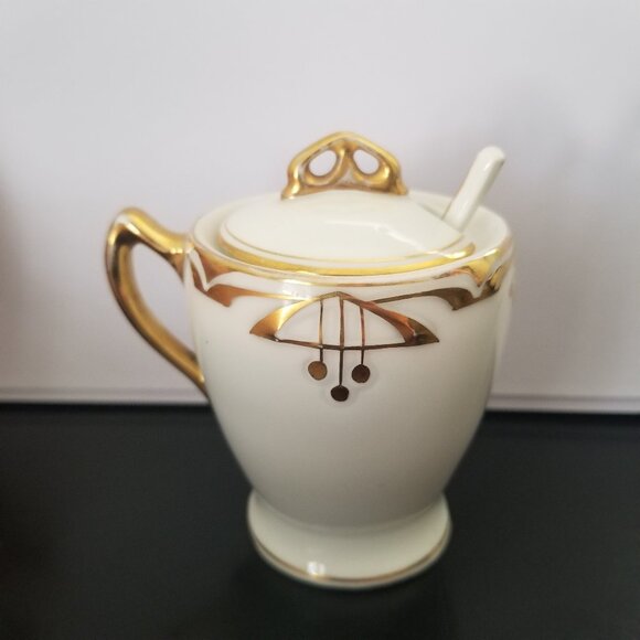 Antique C.S. Prussia Porcelain Jam Mustard Condiment Pot w/Spoon Lid Jar - Picture 1 of 12